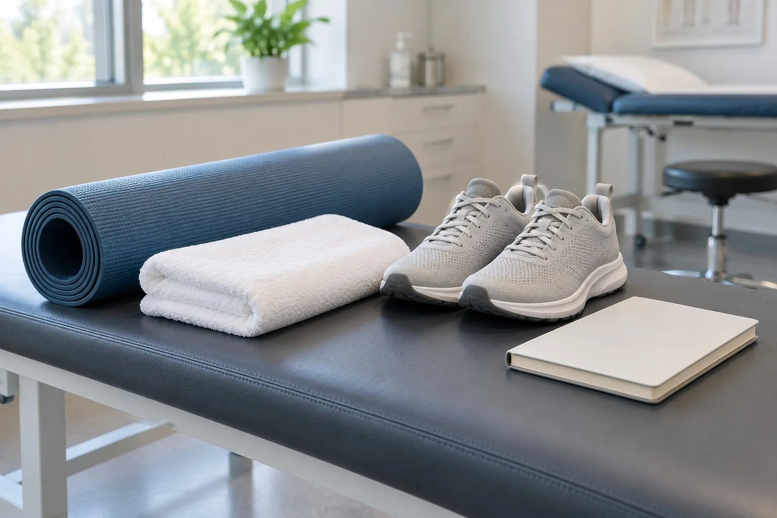 Sportschuhe, Trainingsmatte und Handtuch im Untersuchungsraum